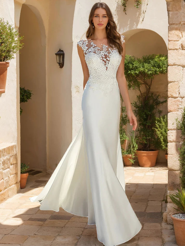 Trumpet/Mermaid Scoop Sleeveless Appliques Retract Your Waist Wedding Dresses