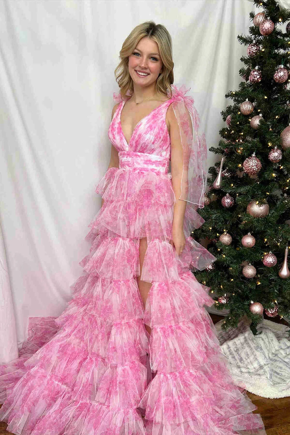 V-Neck Tie Straps Red Floral Print Layered Long Party Dress