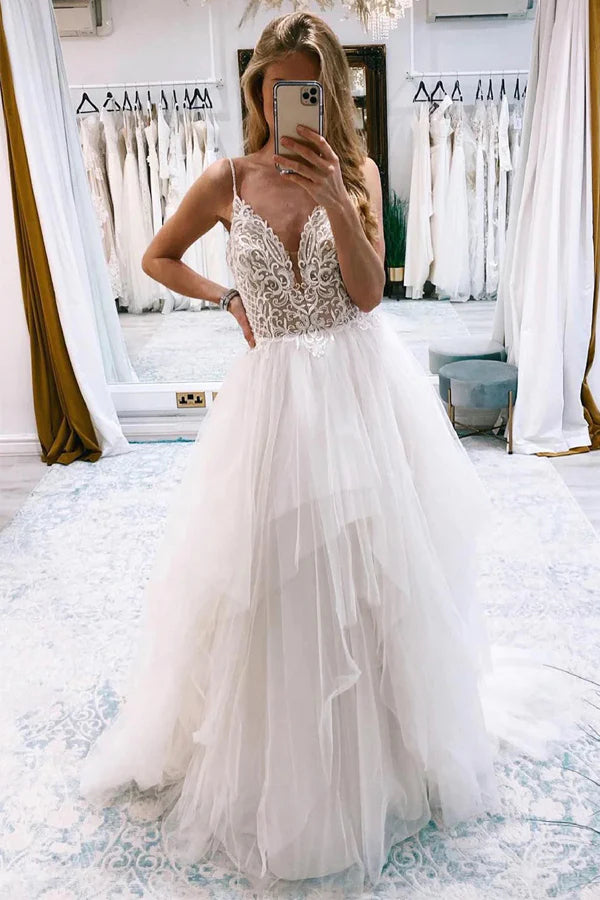 A-Line Backless Ivory Tulle Long Wedding Dress with Lace