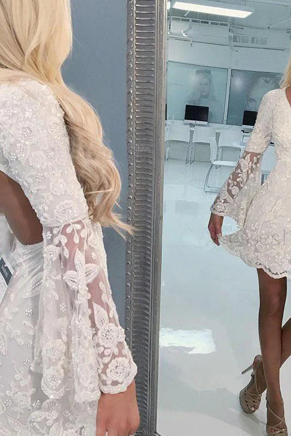 A-Line Bell Sleeves Short Ivory Lace Homecoming Dress Graduation Dresses