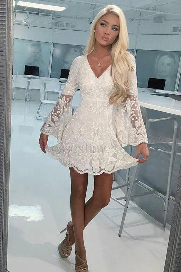 A-Line Bell Sleeves Short Ivory Lace Homecoming Dress Graduation Dresses