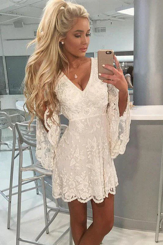 A-Line Bell Sleeves Short Ivory Lace Homecoming Dress Graduation Dresses