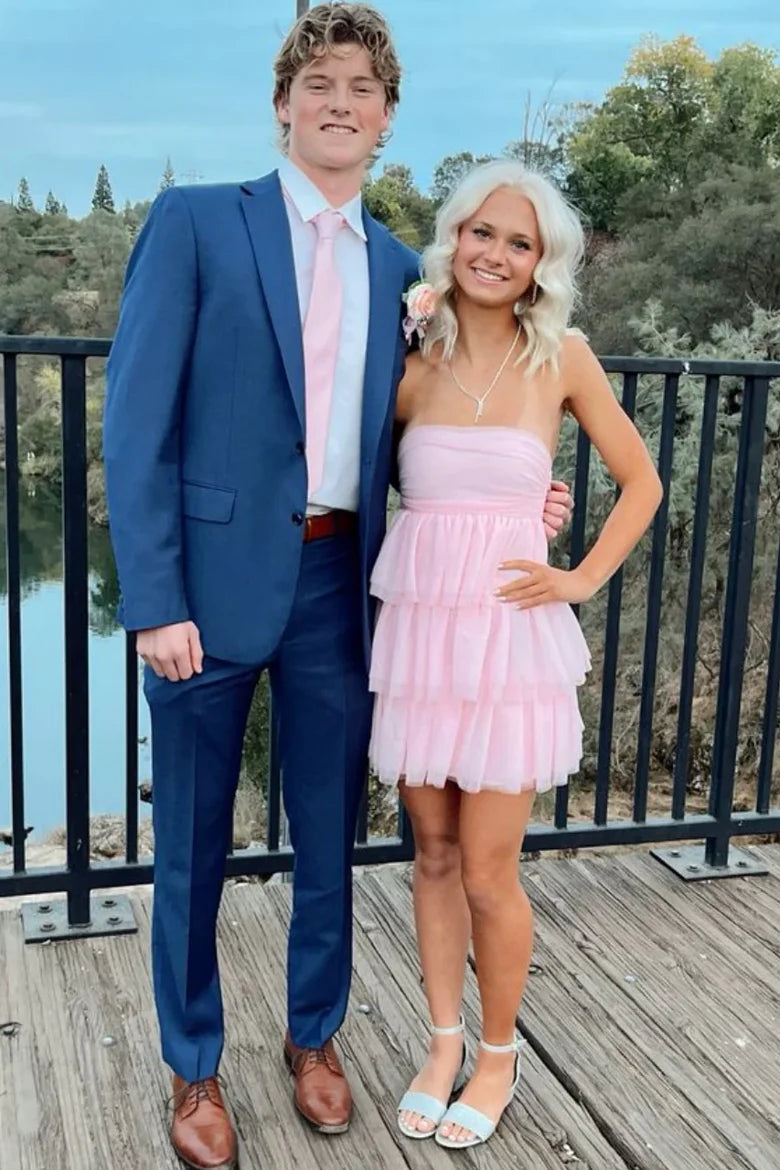 A-Line Empire-Waist Strapless Tiered Tulle Short Homecoming Dress