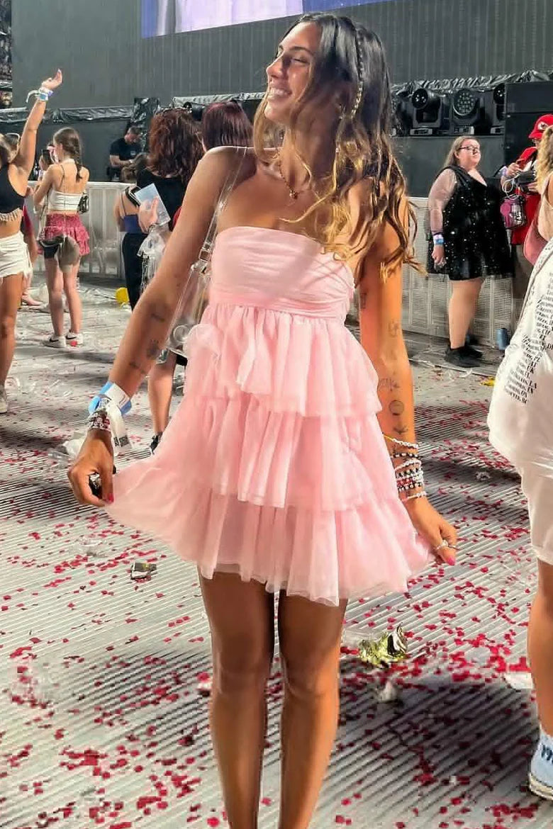 A-Line Empire-Waist Strapless Tiered Tulle Short Homecoming Dress
