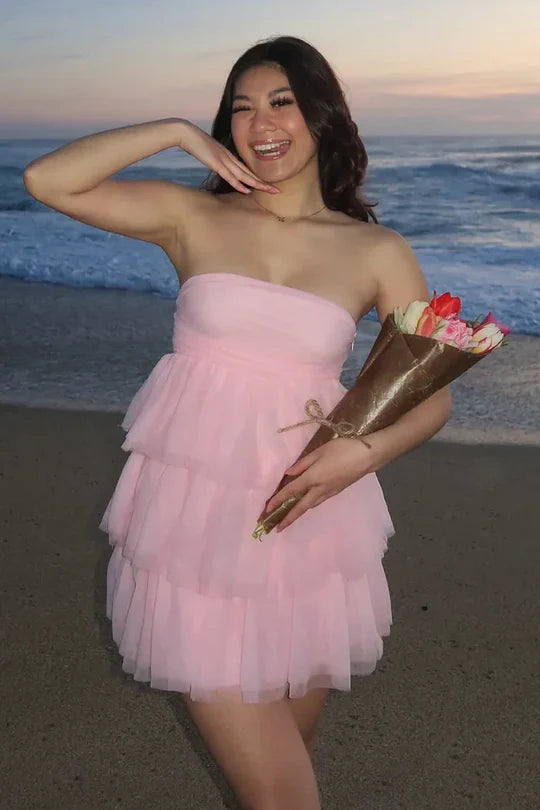 A-Line Empire-Waist Strapless Tiered Tulle Short Homecoming Dress