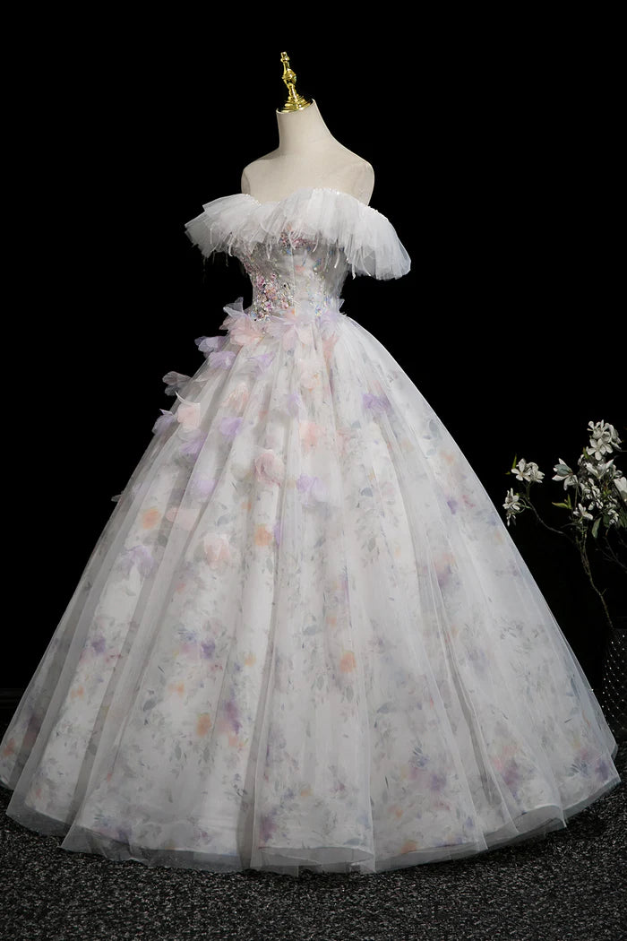 A-Line Flower Tulle Long Prom Dress, Gray Off the Shoulder Party Dress