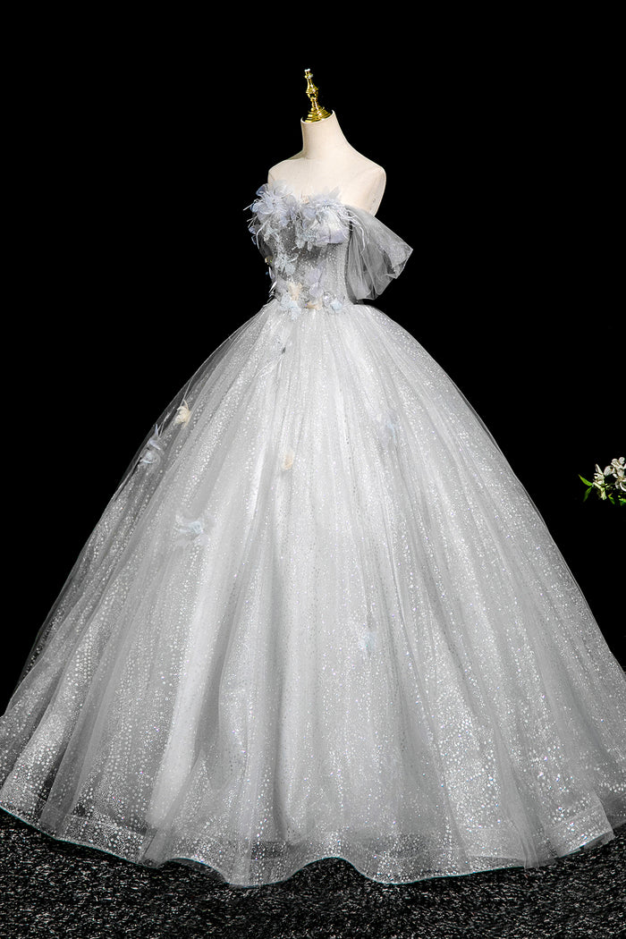 A-Line Flower Tulle Long Prom Dress, Gray Off the Shoulder Party Dress