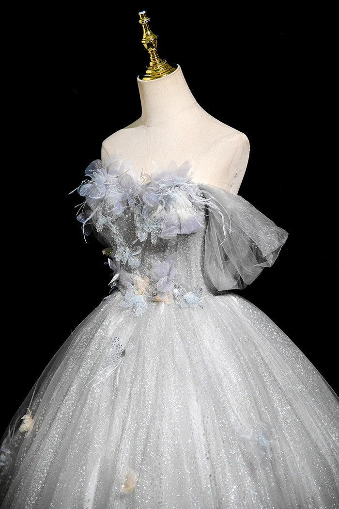 A-Line Flower Tulle Long Prom Dress, Gray Off the Shoulder Party Dress