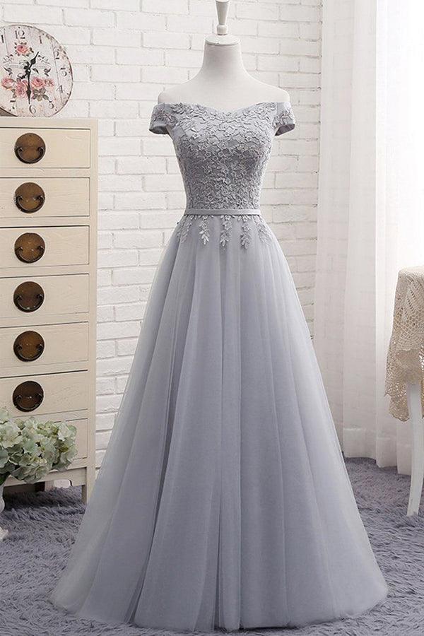A-Line Gray Off The Shoulder Tulle Lace-Up Sweetheart Full Of Charm Prom Dress