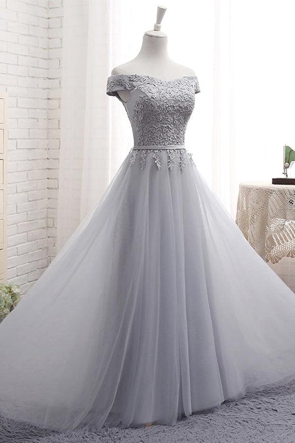 A-Line Gray Off The Shoulder Tulle Lace-Up Sweetheart Full Of Charm Prom Dress