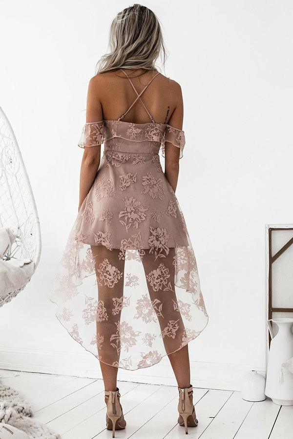 A-Line High Low Blush Sleeveless Lace Homecoming Dress