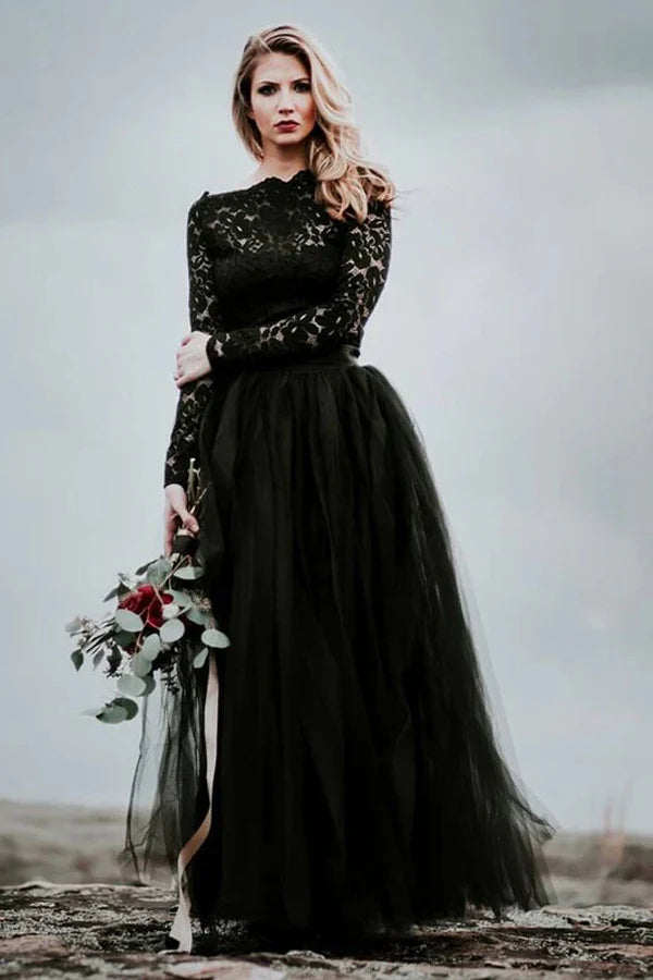 A-Line Lace Appliqued Black Wedding Dress Boho Bridal Gown