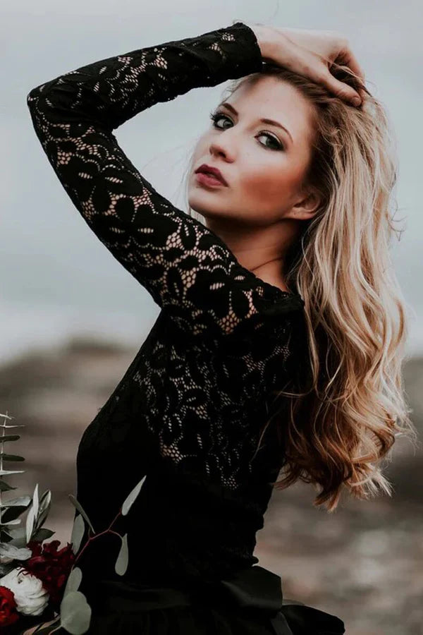 A-Line Lace Appliqued Black Wedding Dress Boho Bridal Gown