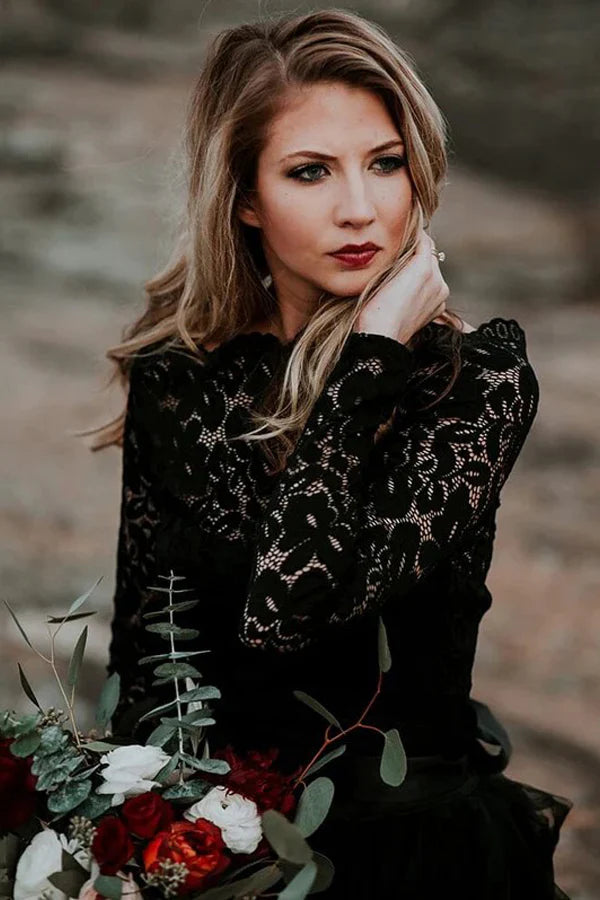 A-Line Lace Appliqued Black Wedding Dress Boho Bridal Gown