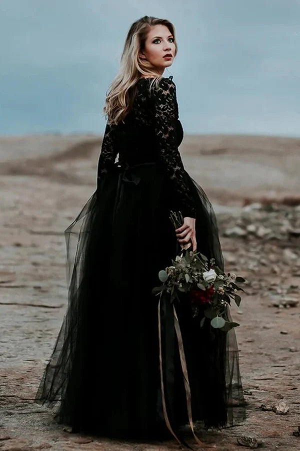 A-Line Lace Appliqued Black Wedding Dress Boho Bridal Gown