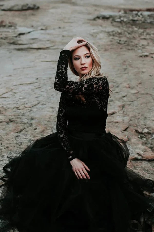 A-Line Lace Appliqued Black Wedding Dress Boho Bridal Gown