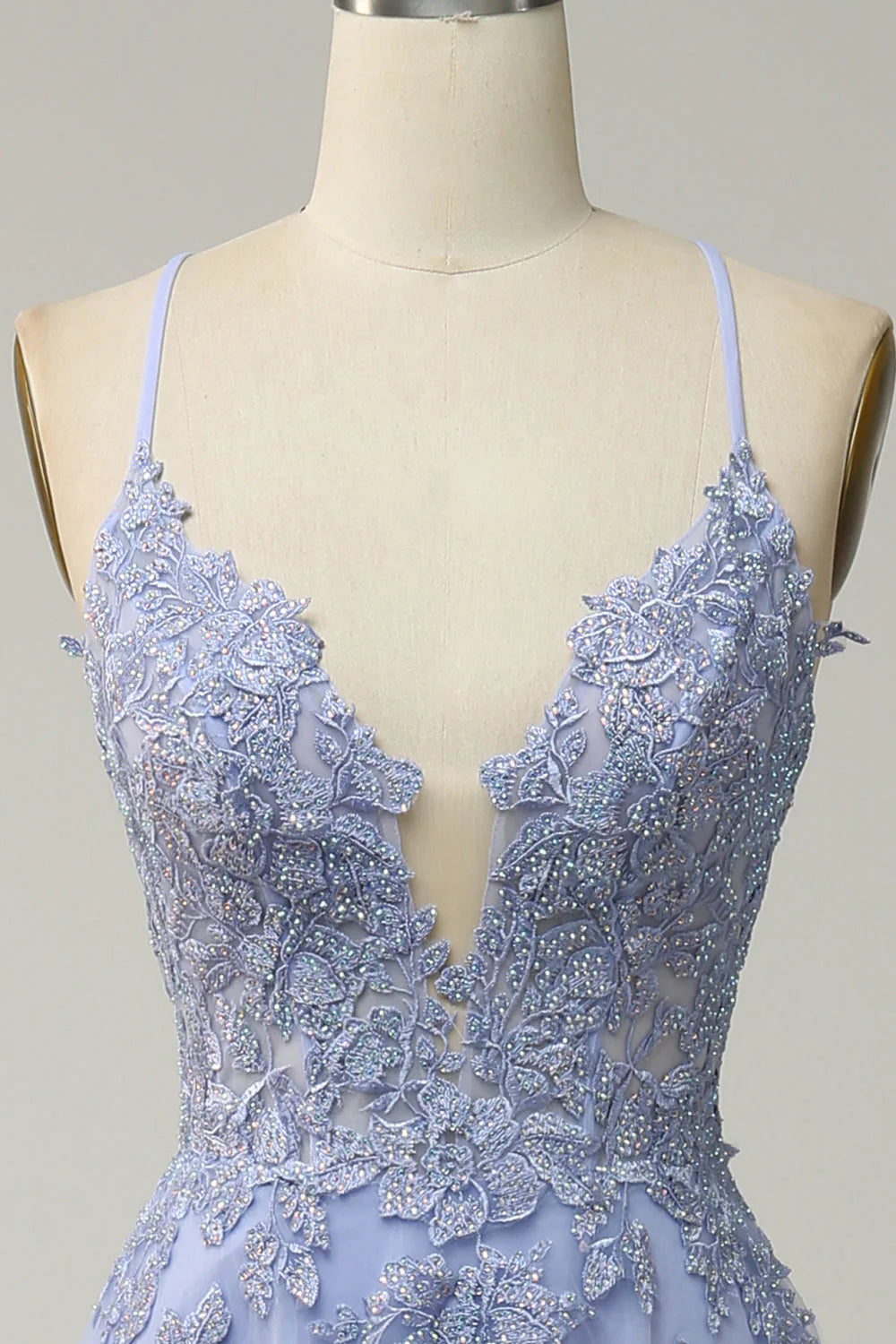 A-Line Light Purple Long Lace Up Back Prom Dress with Appliques