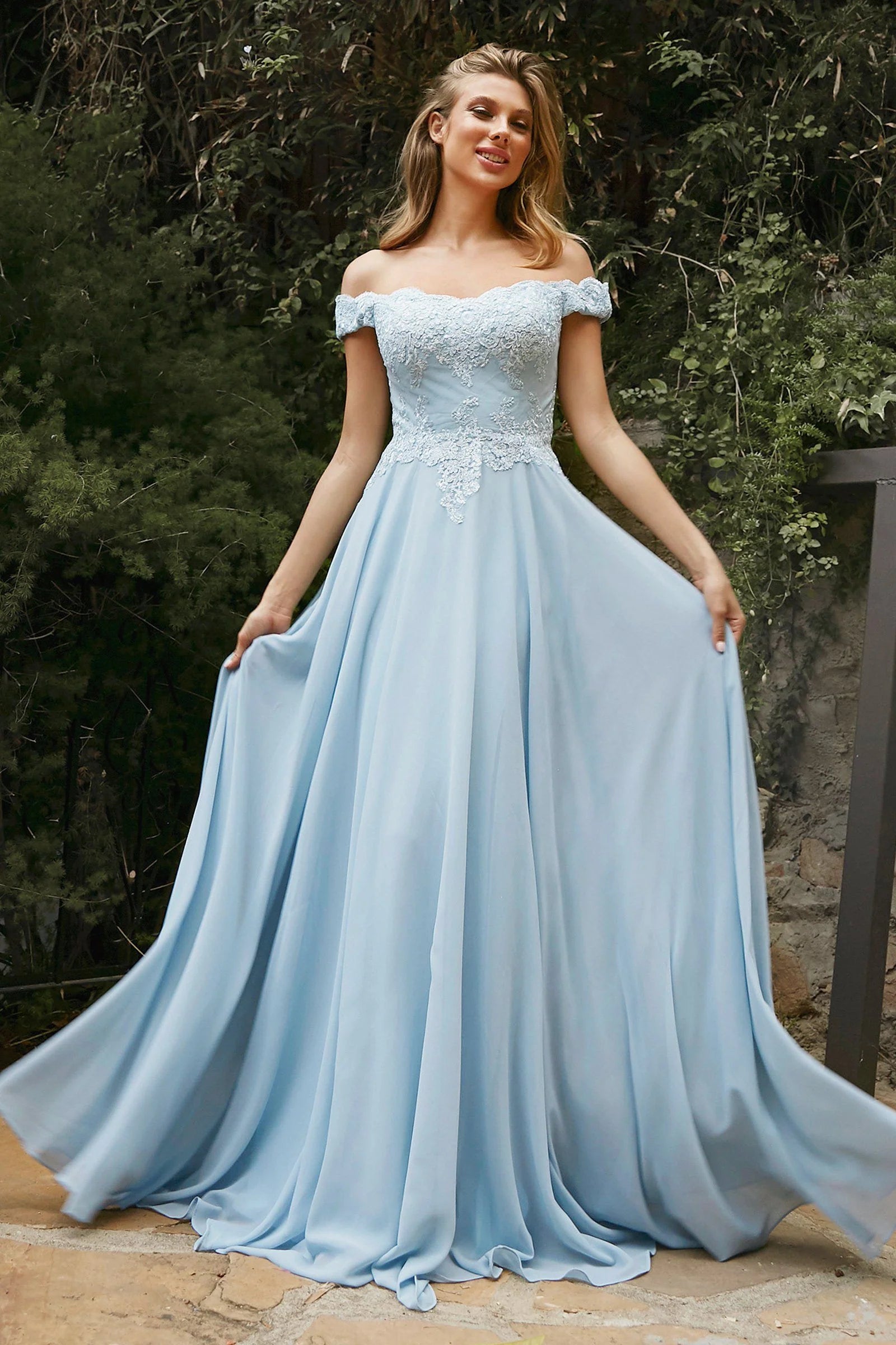 A-Line Off-The-Shoulder Lace Chiffon Floor-Length Prom Dress
