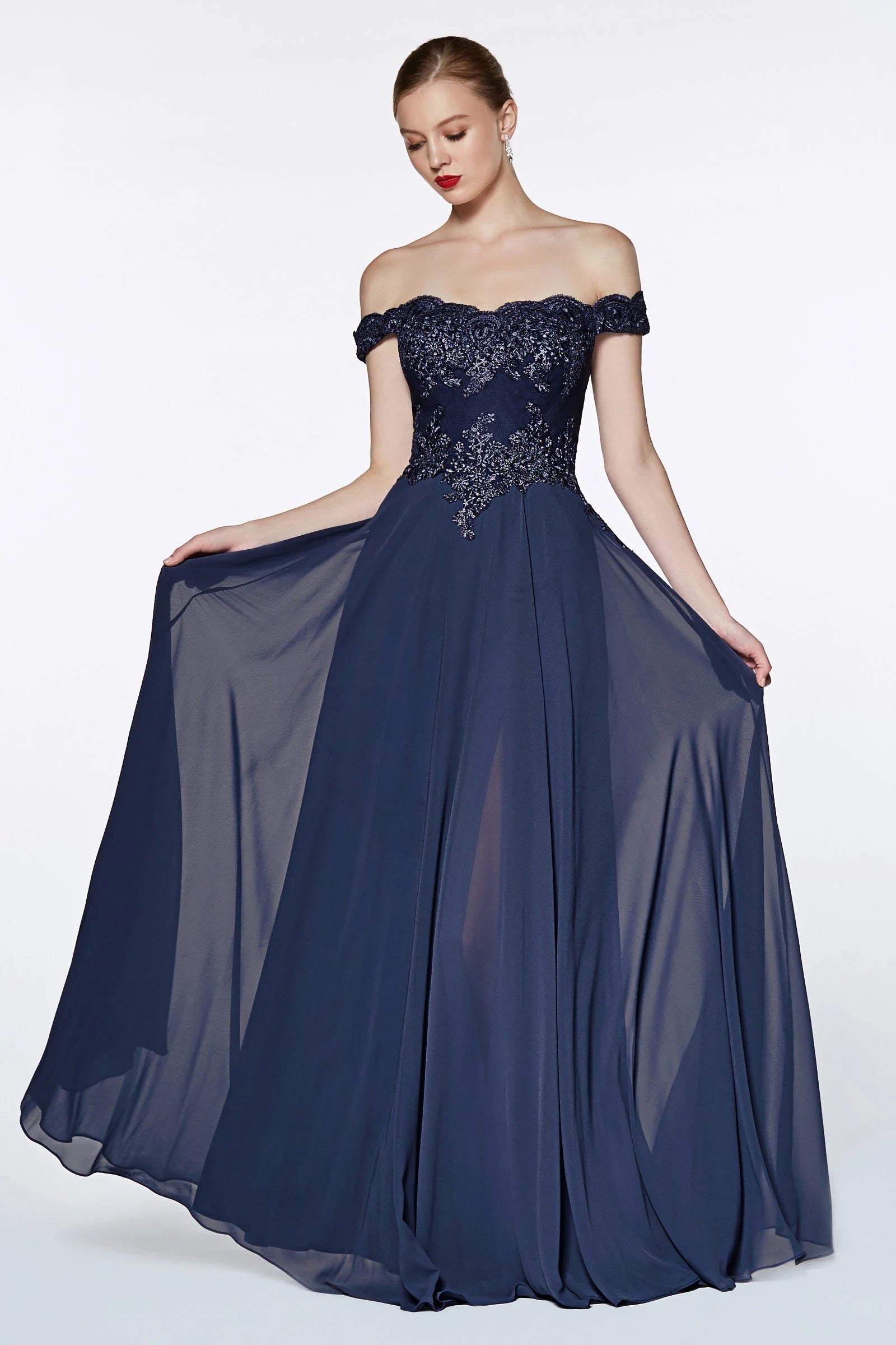 A-Line Off-The-Shoulder Lace Chiffon Floor-Length Prom Dress