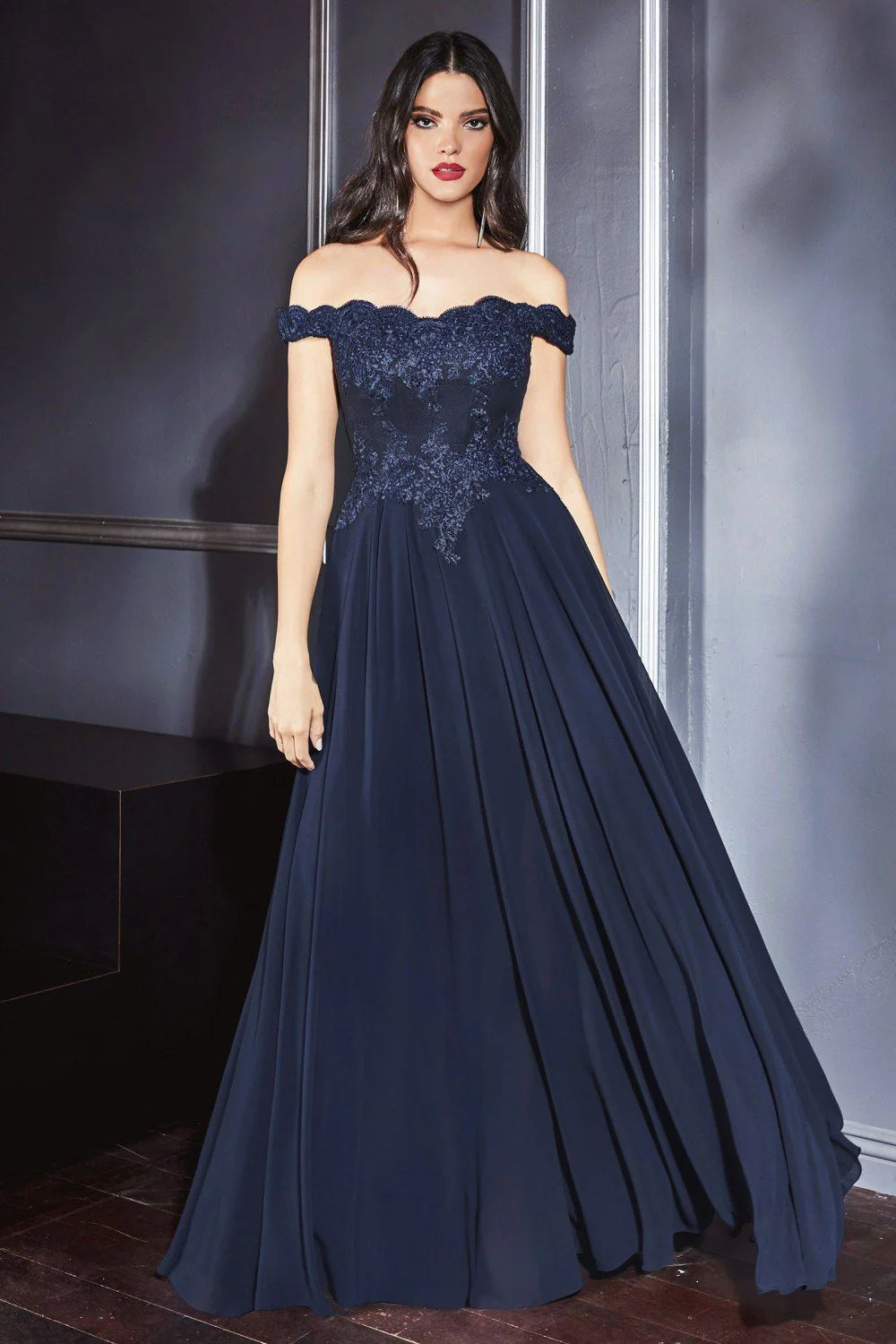 A-Line Off-The-Shoulder Lace Chiffon Floor-Length Prom Dress
