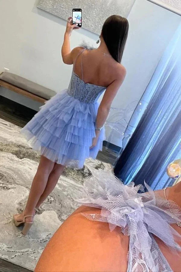 A-Line One Shoulder Lace Layered Lavender Homecoming Dress