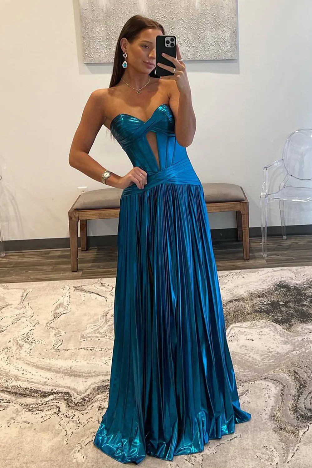 A-Line Peacock Blue Sweetheart Long Metallic A-Line Prom Dress With Leg Slit