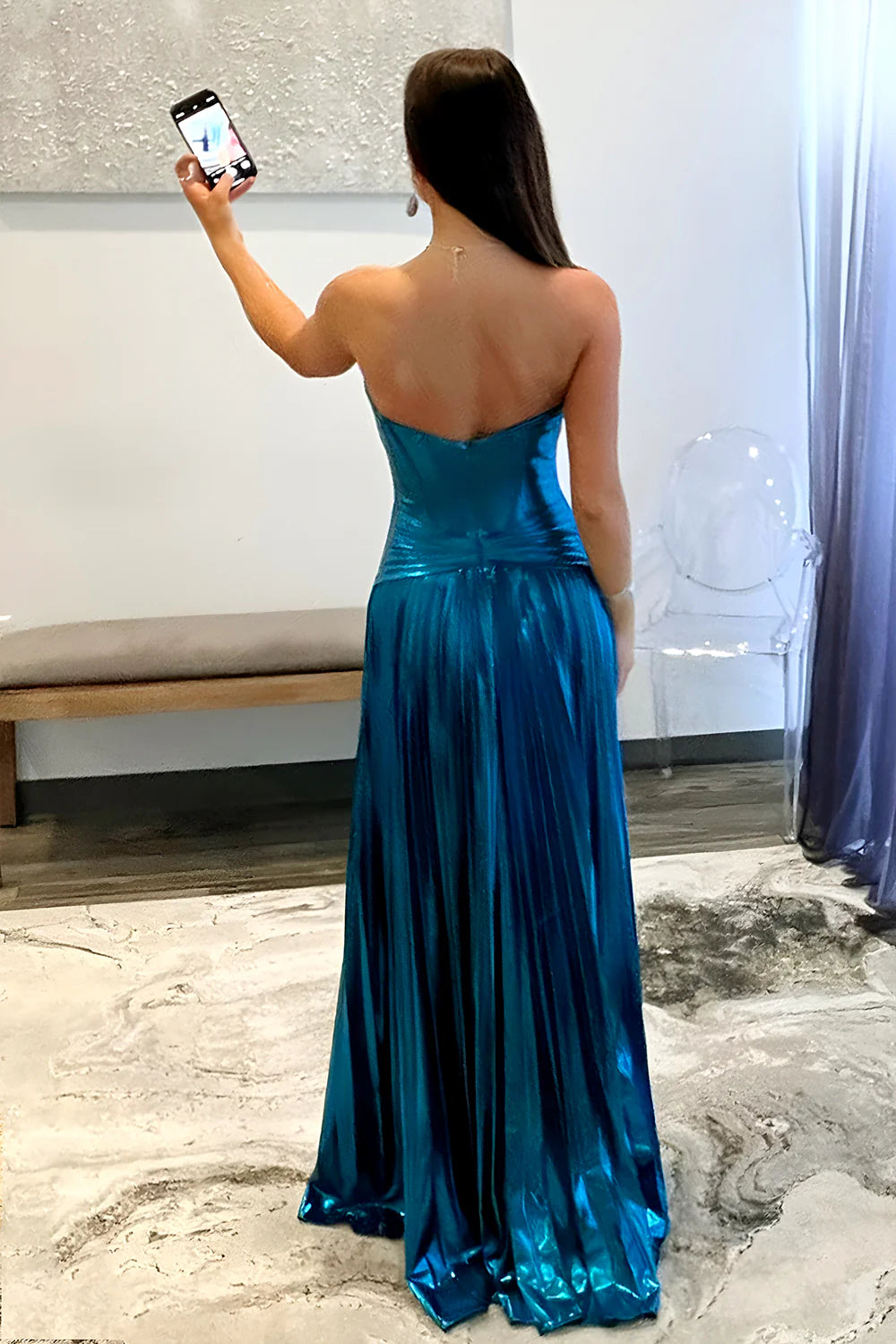 A-Line Peacock Blue Sweetheart Long Metallic A-Line Prom Dress With Leg Slit