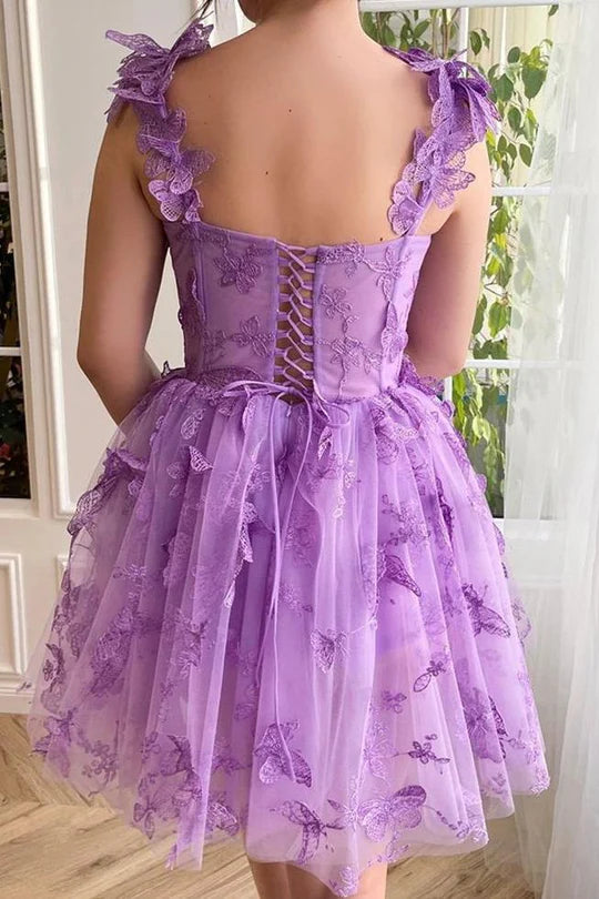 A-Line Purple 3D Butterfly Appliques Empire-Waist Pleated Homecoming Dress