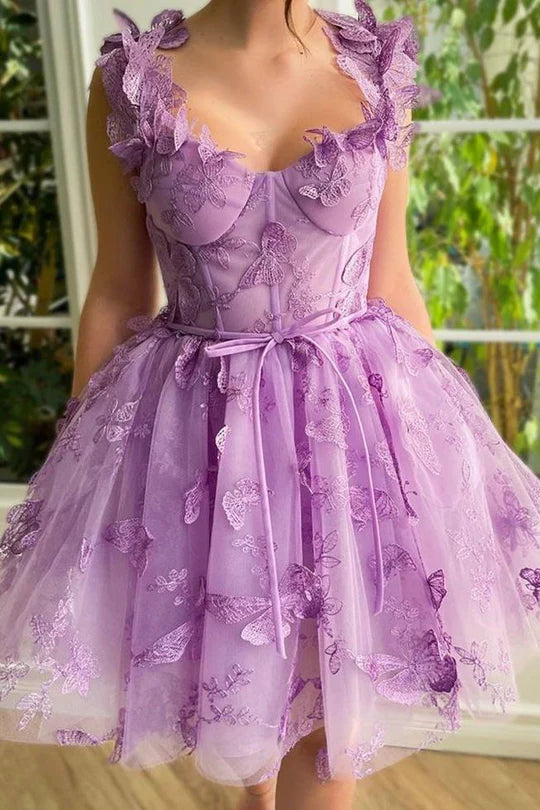A-Line Purple 3D Butterfly Appliques Empire-Waist Pleated Homecoming Dress
