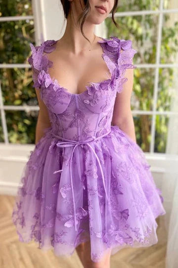 A-Line Purple 3D Butterfly Appliques Empire-Waist Pleated Homecoming Dress