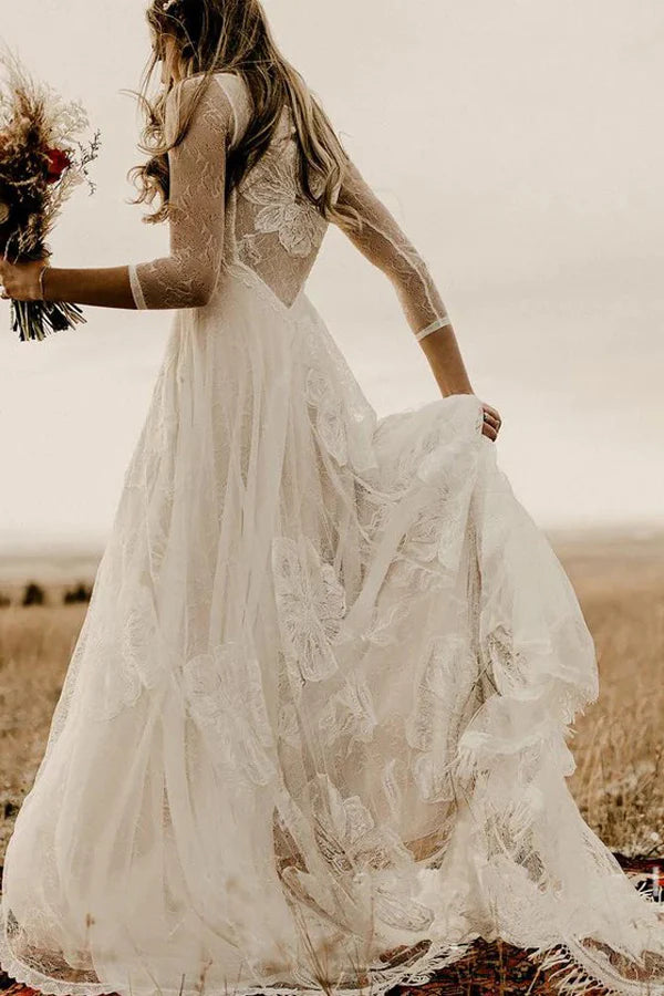 A-Line Round Neck Lace Long Sleeves Rustic Wedding Dress