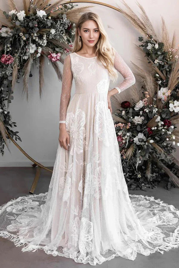 A-Line Round Neck Lace Long Sleeves Rustic Wedding Dress