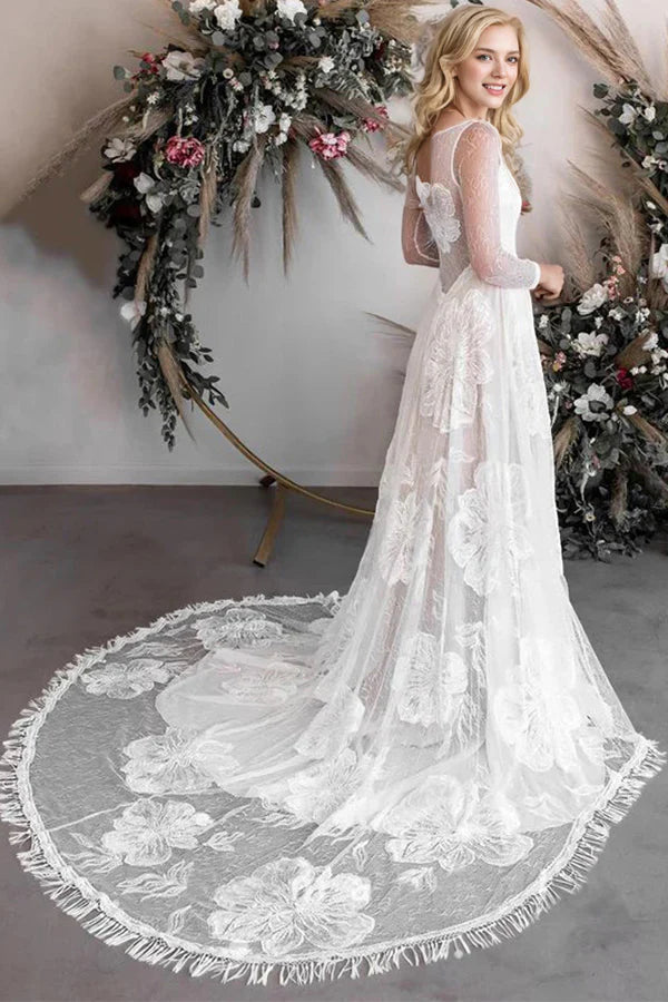 A-Line Round Neck Lace Long Sleeves Rustic Wedding Dress