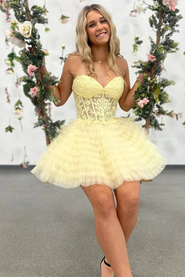 A-Line Ruffled Yellow Strapless Corset Homecoming Dress