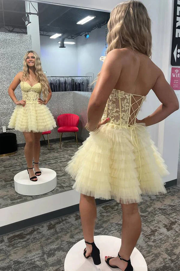 A-Line Ruffled Yellow Strapless Corset Homecoming Dress