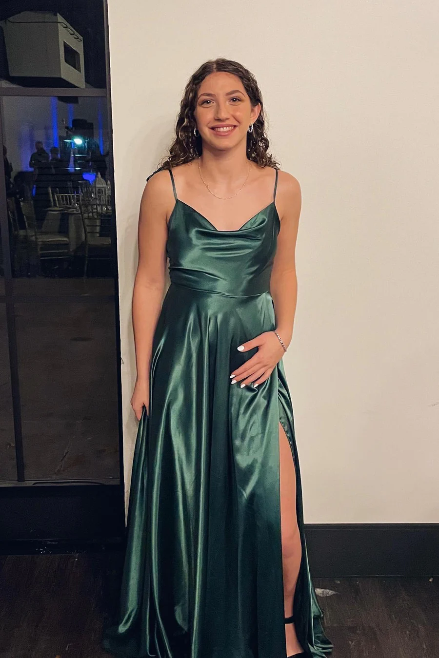 A-Line Satin Cowl Neck Tie-Straps Side-Slit Floor-Length Bridesmaid Dress