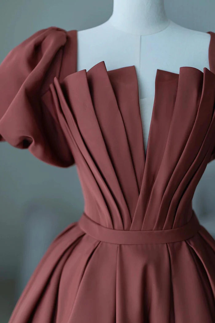 A-Line Satin Long Prom Dress, Elegant Short Sleeve Evening Party Dress