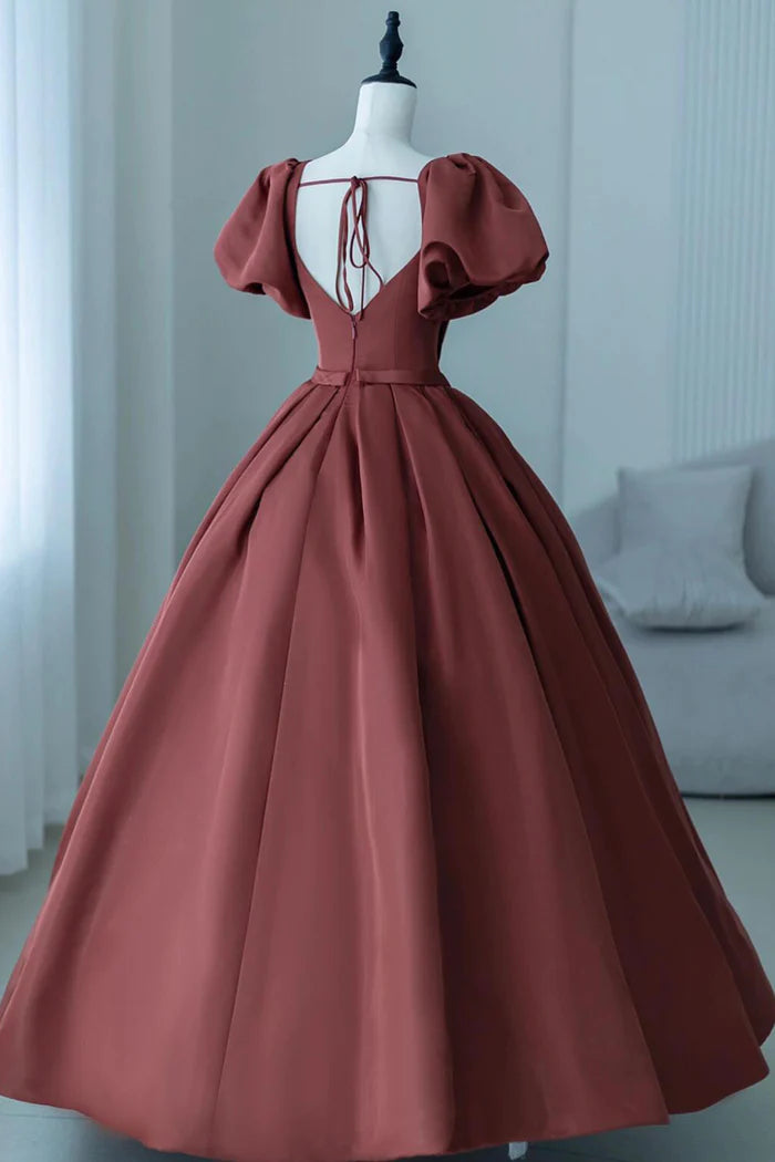 A-Line Satin Long Prom Dress, Elegant Short Sleeve Evening Party Dress