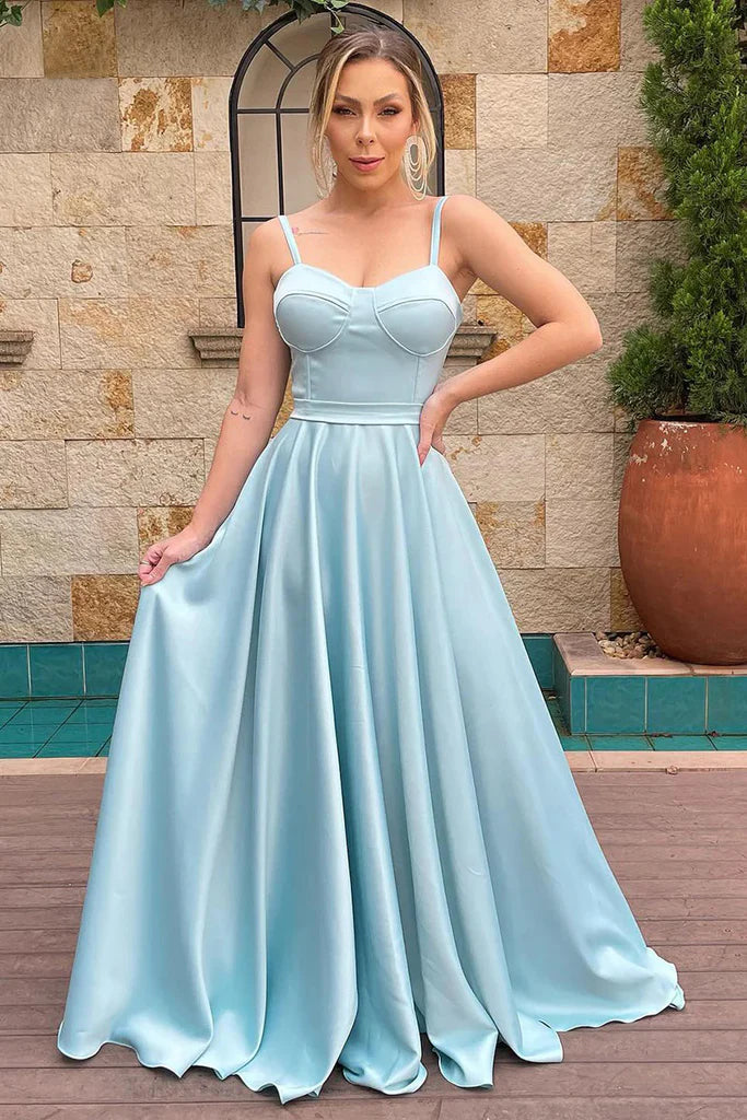 A-Line Satin Sweetheart Bustier Spaghetti Straps Floor Length Bridesmaid Dress