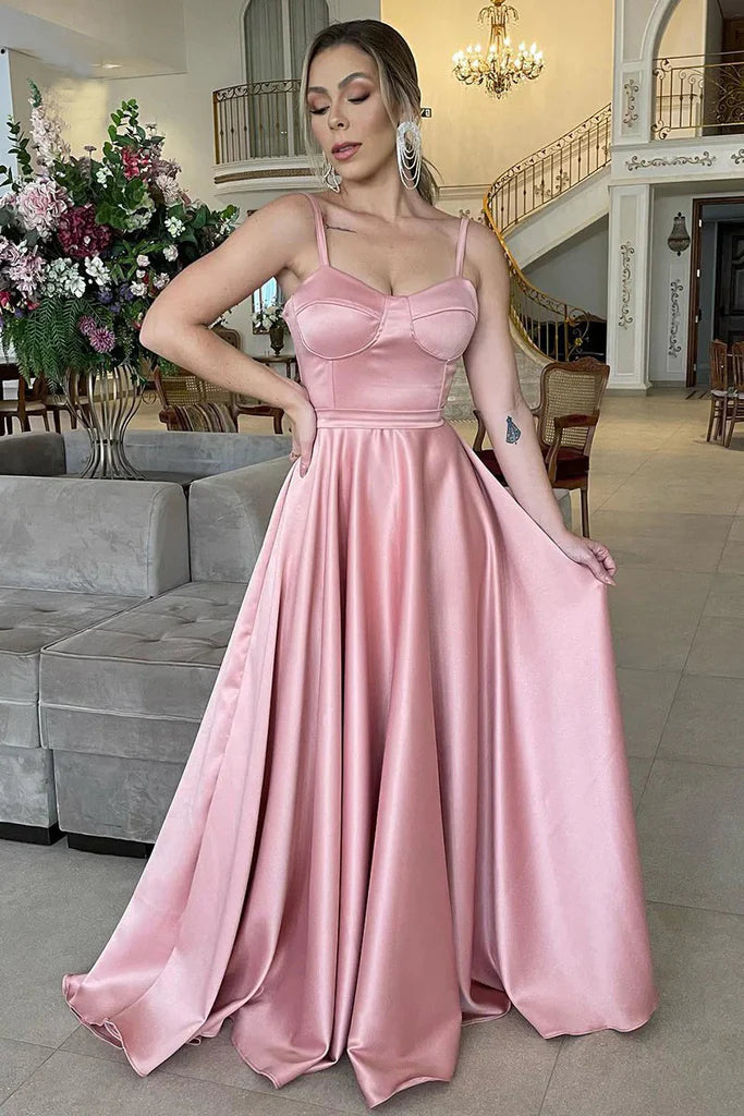 A-Line Satin Sweetheart Bustier Spaghetti Straps Floor Length Bridesmaid Dress