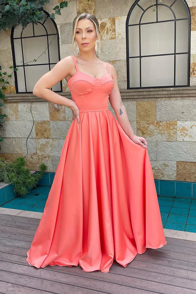 A-Line Satin Sweetheart Bustier Spaghetti Straps Floor Length Bridesmaid Dress