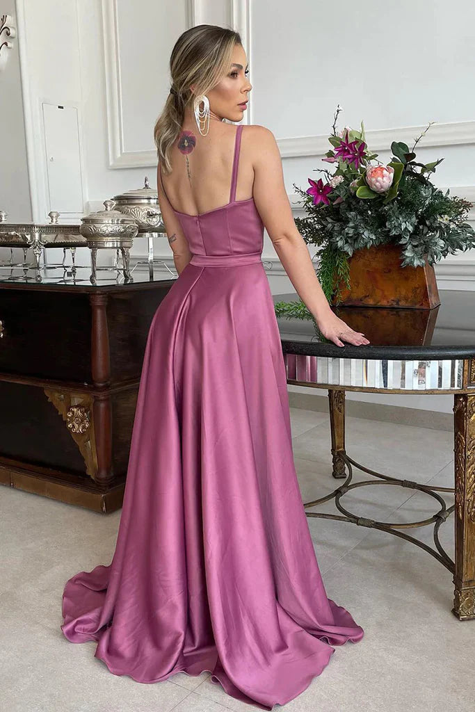 A-Line Satin Sweetheart Bustier Spaghetti Straps Floor Length Bridesmaid Dress