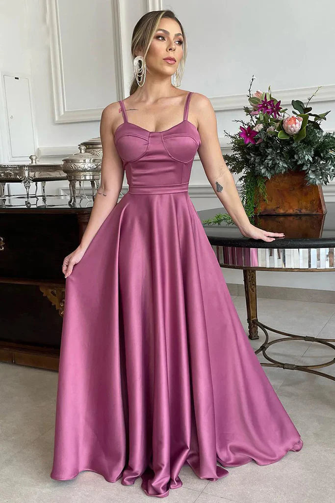 A-Line Satin Sweetheart Bustier Spaghetti Straps Floor Length Bridesmaid Dress