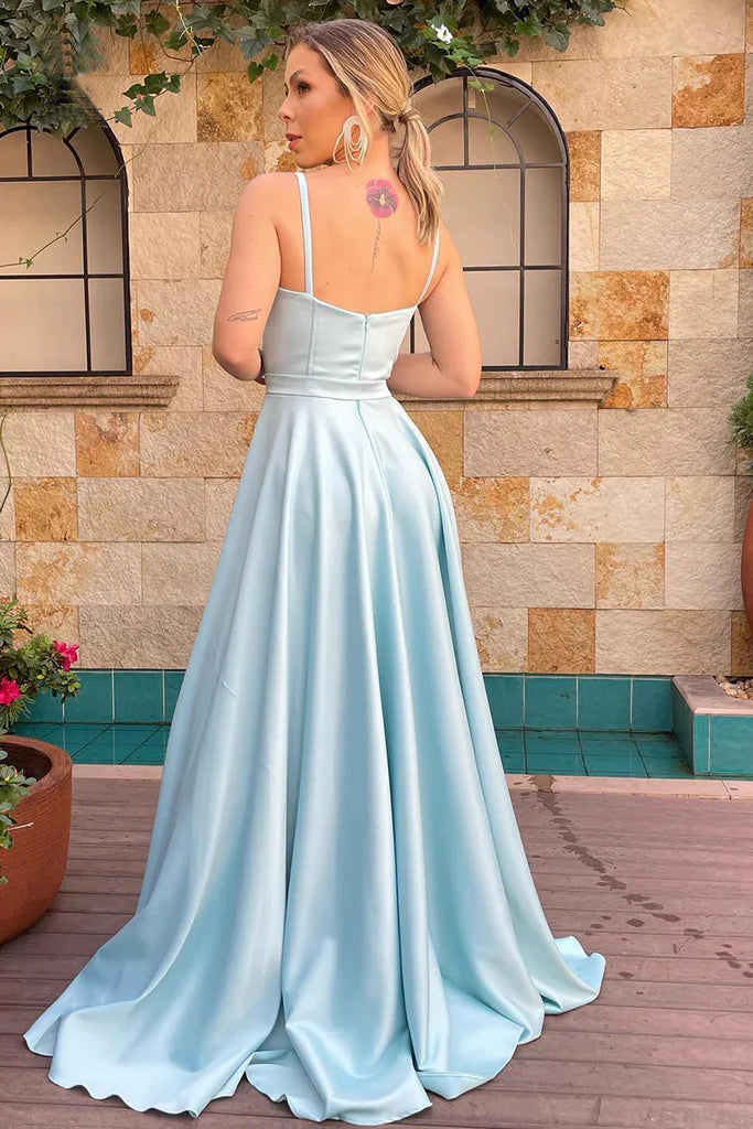 A-Line Satin Sweetheart Bustier Spaghetti Straps Floor Length Bridesmaid Dress