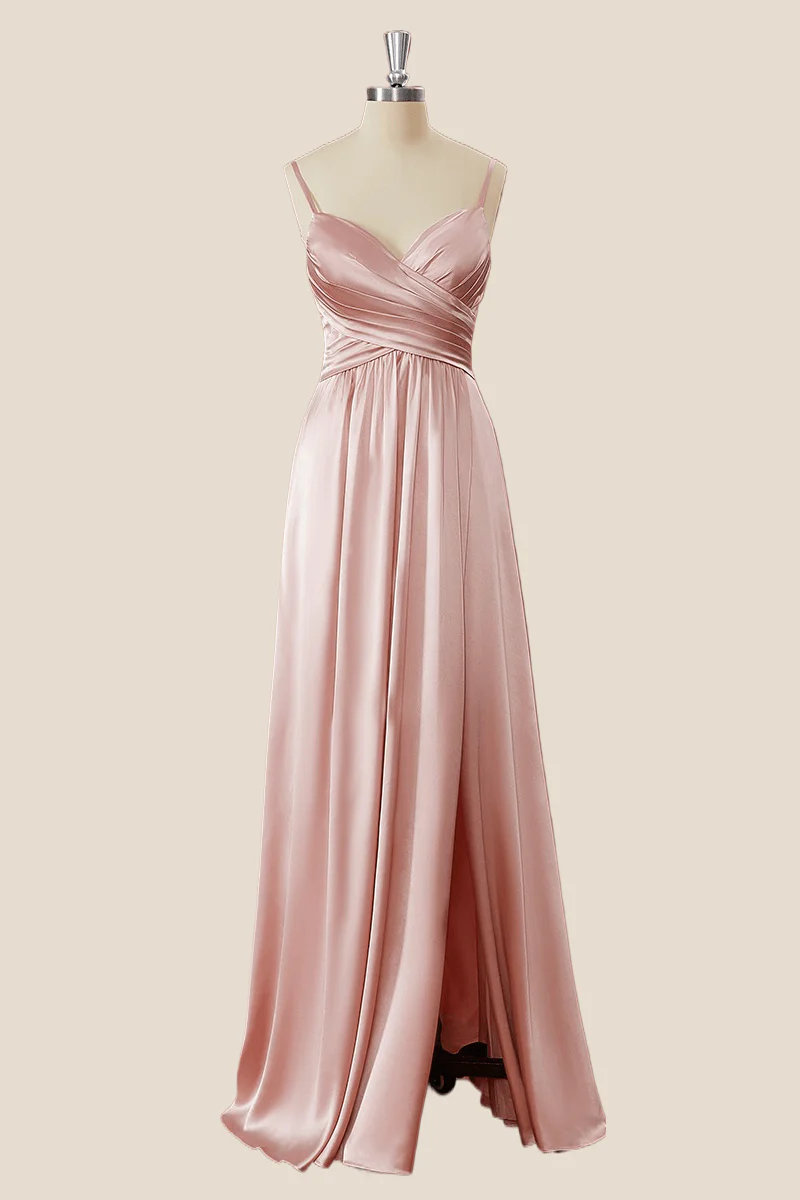 A-Line Satin Sweetheart Spaghetti Straps Low-Back Floor-Length Bridesmaid Dress