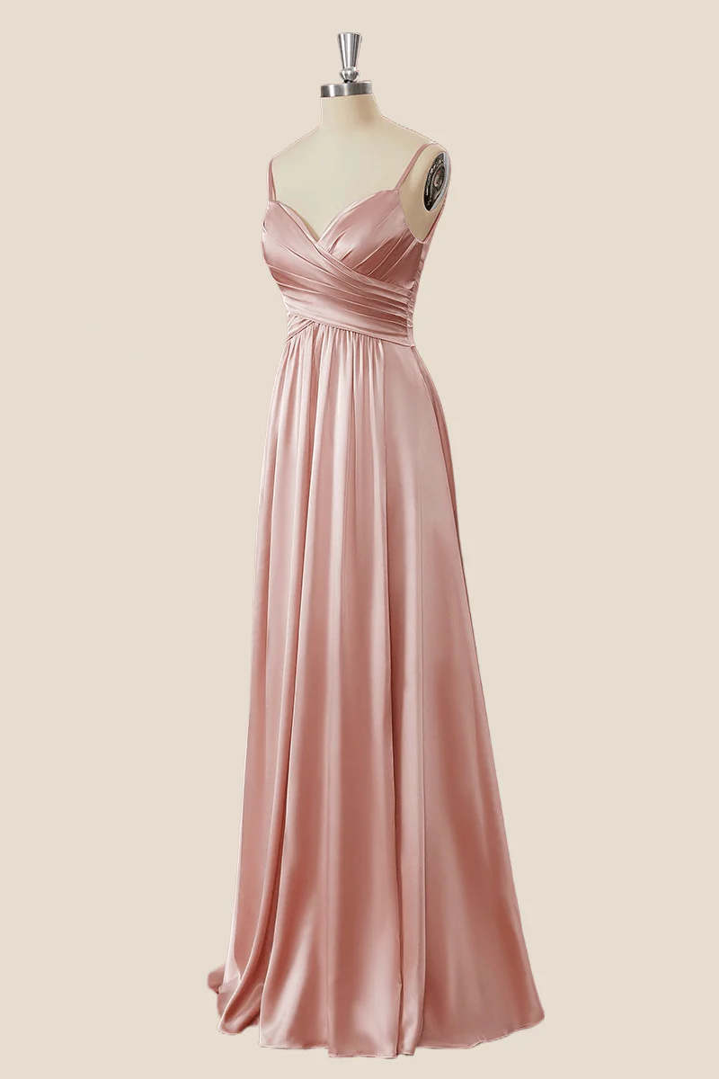 A-Line Satin Sweetheart Spaghetti Straps Low-Back Floor-Length Bridesmaid Dress