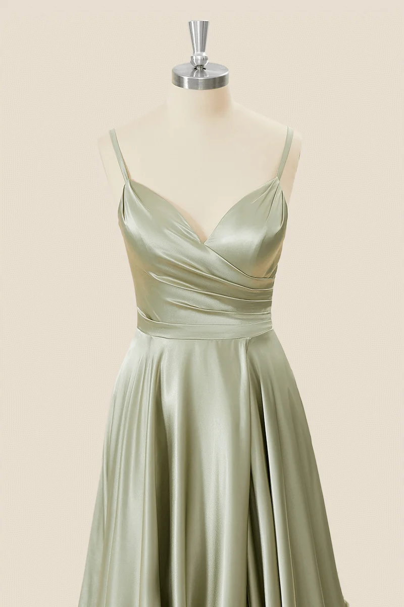 A-Line Satin V-Neck Corset-Back Floor-Length Bridesmaid Dress