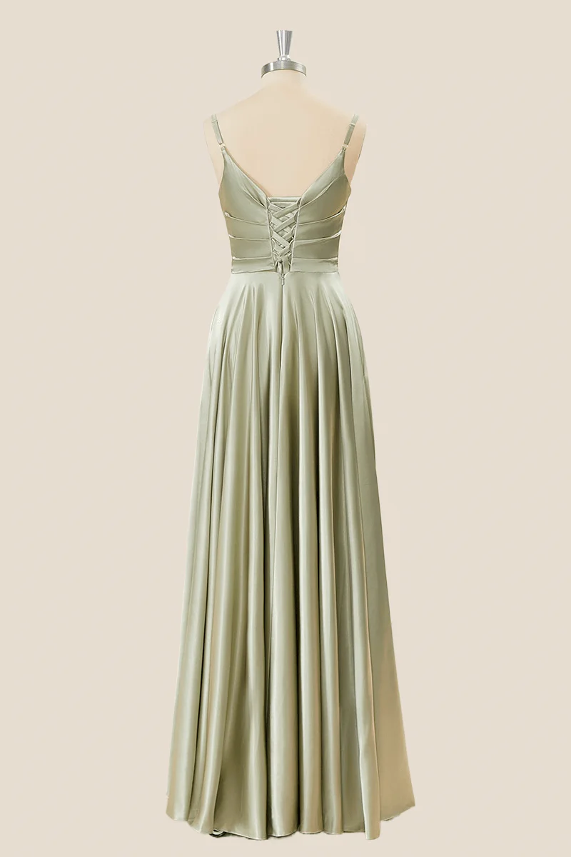 A-Line Satin V-Neck Corset-Back Floor-Length Bridesmaid Dress