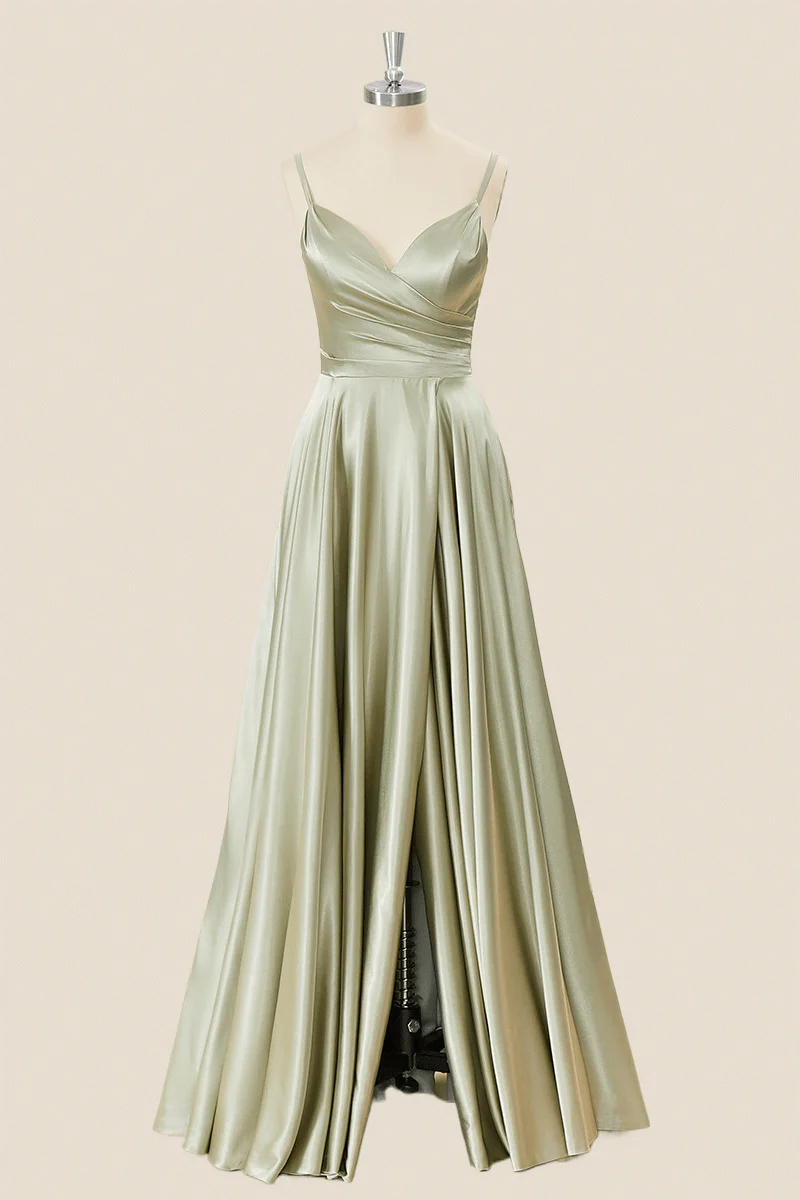 A-Line Satin V-Neck Corset-Back Floor-Length Bridesmaid Dress