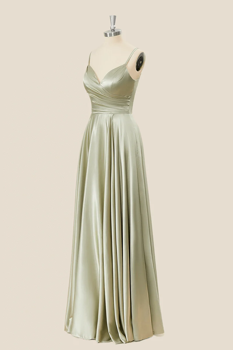 A-Line Satin V-Neck Corset-Back Floor-Length Bridesmaid Dress